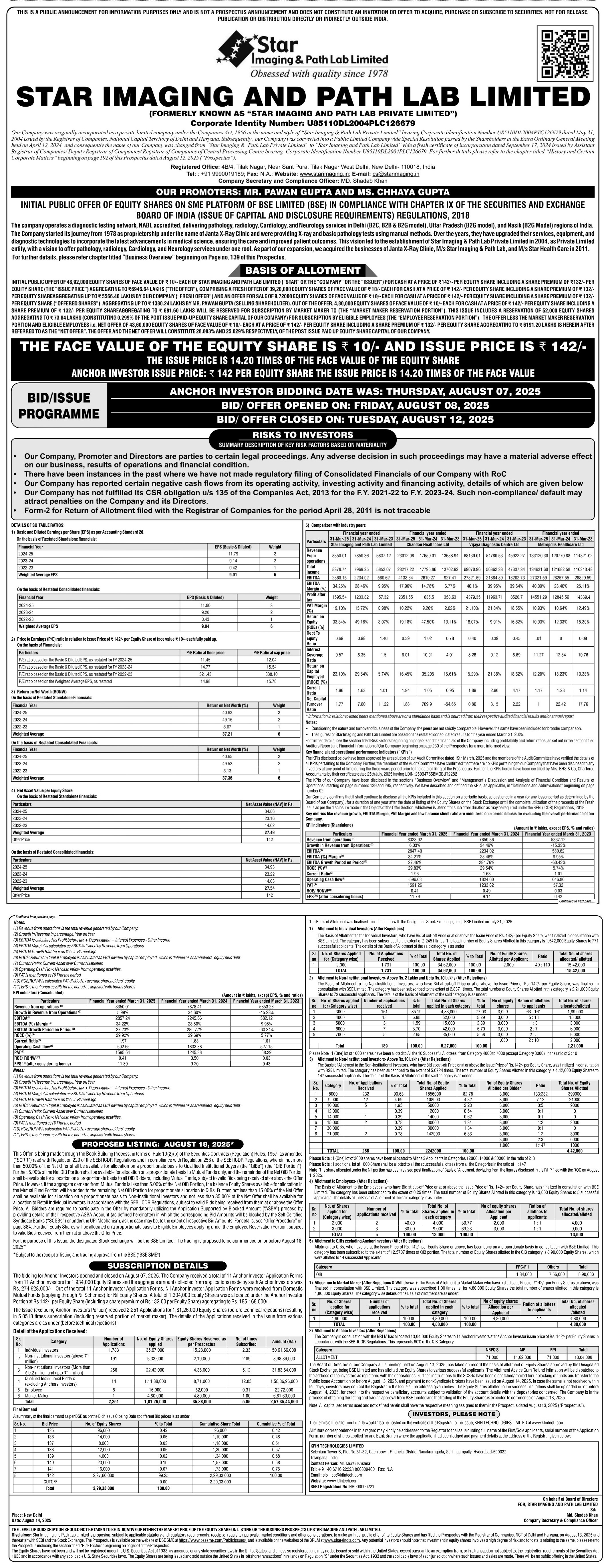 Star Imaging and Path Lab Limited Basic Of Allotment