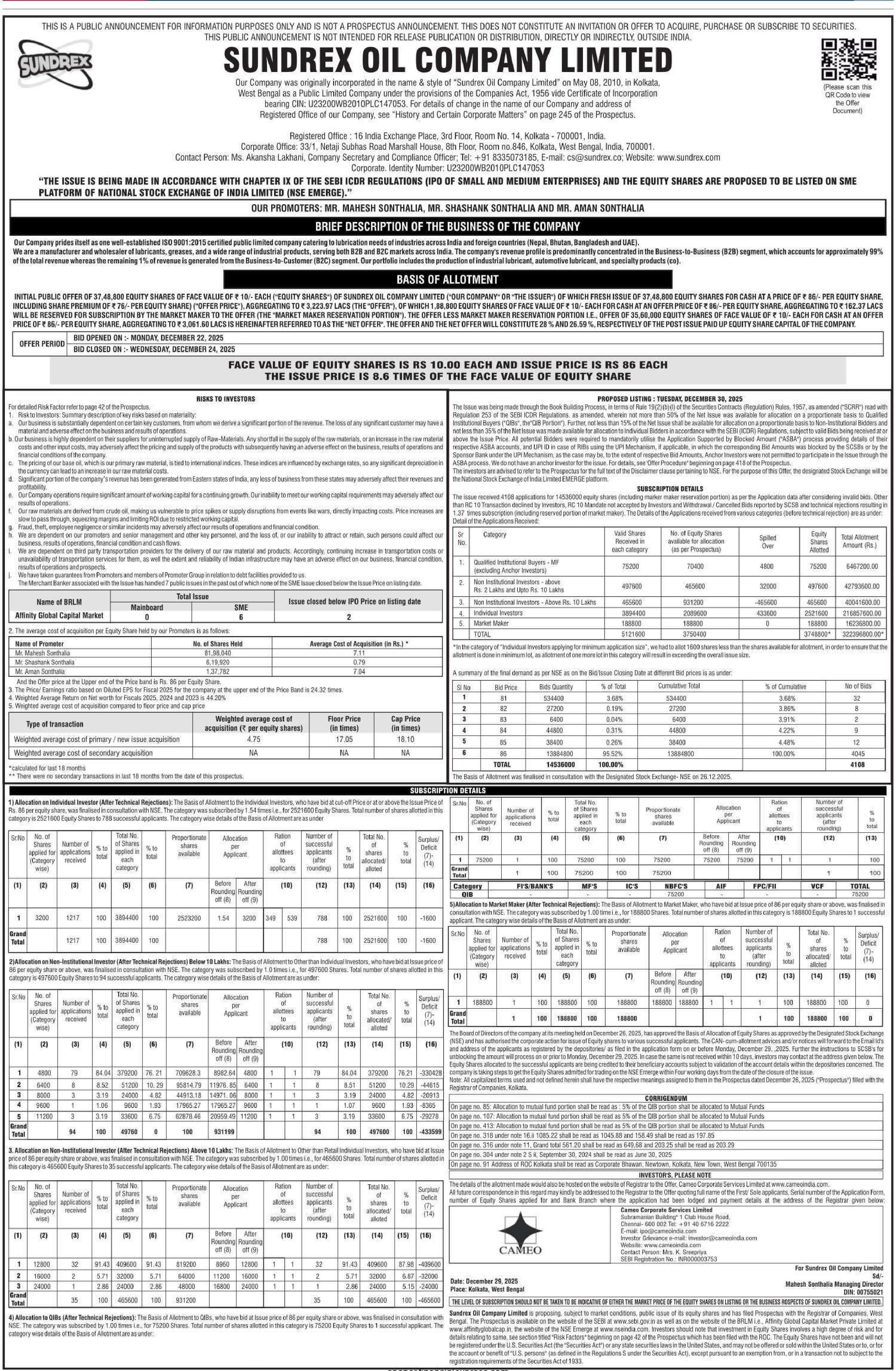 Sundrex Oil Company Limited Basic Of Allotment