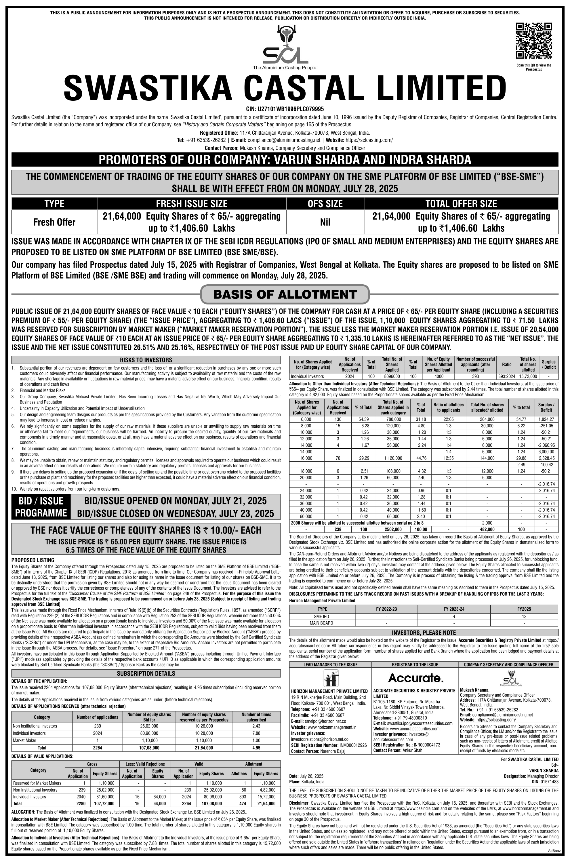 Swastika Castal Limited Basic Of Allotment