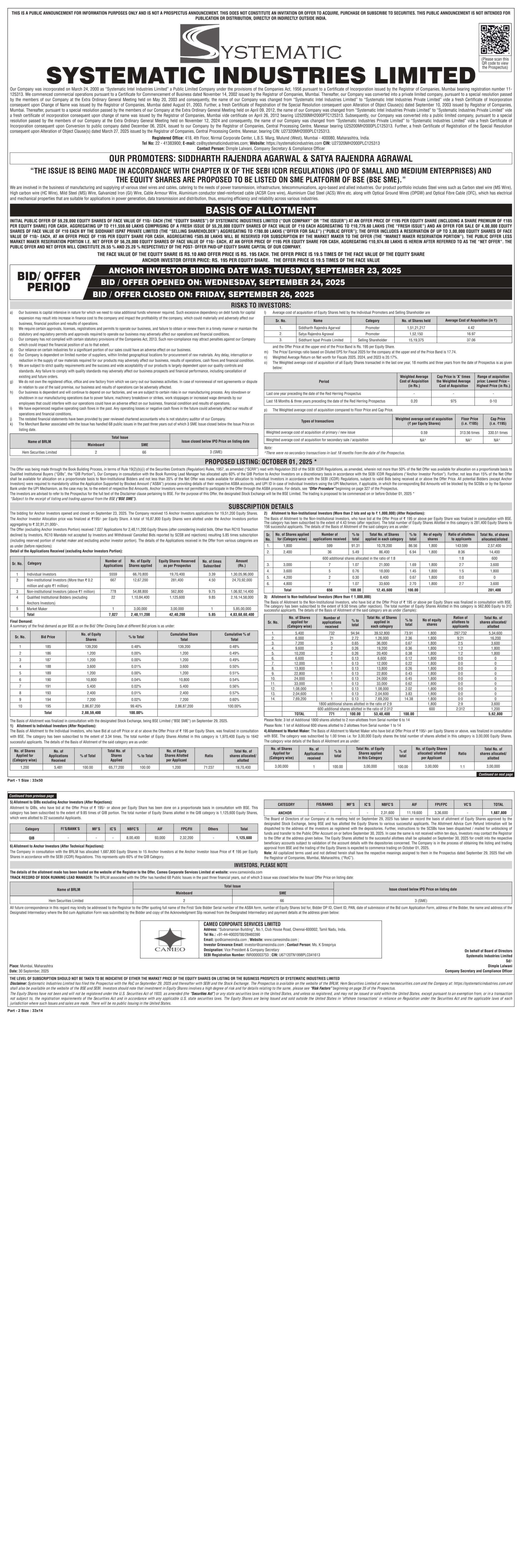 Systematic Industries Limited Basic Of Allotment