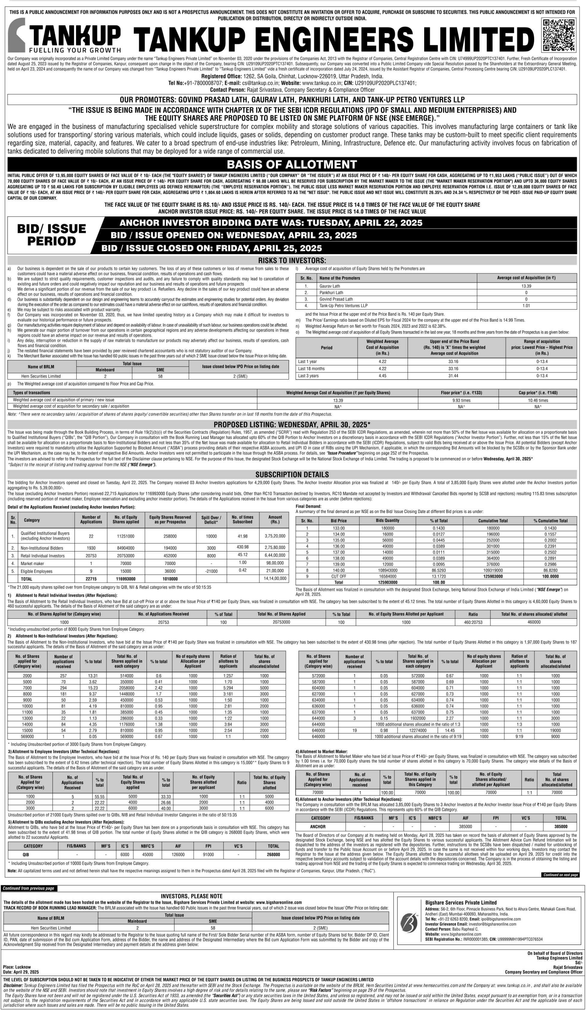 Tankup Engineers Limited Basic Of Allotment