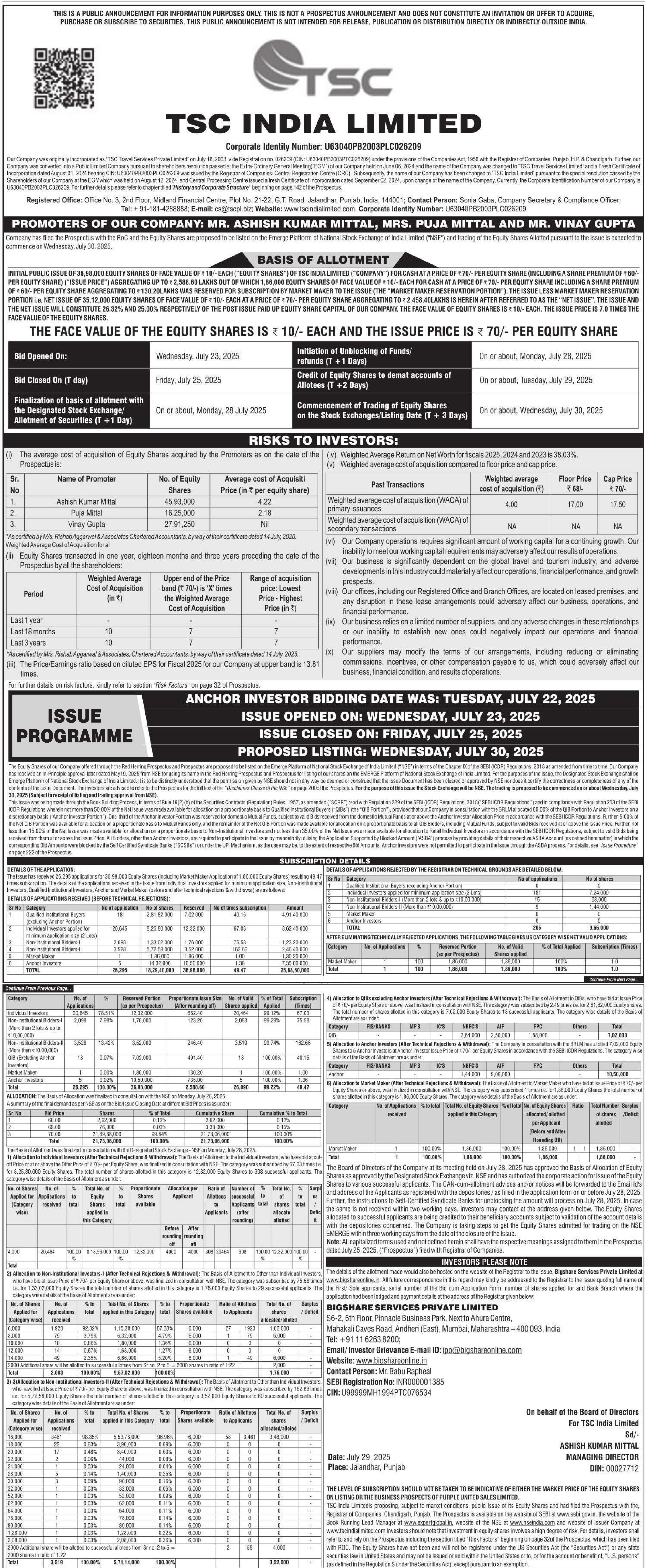 TSC India Limited Basic Of Allotment