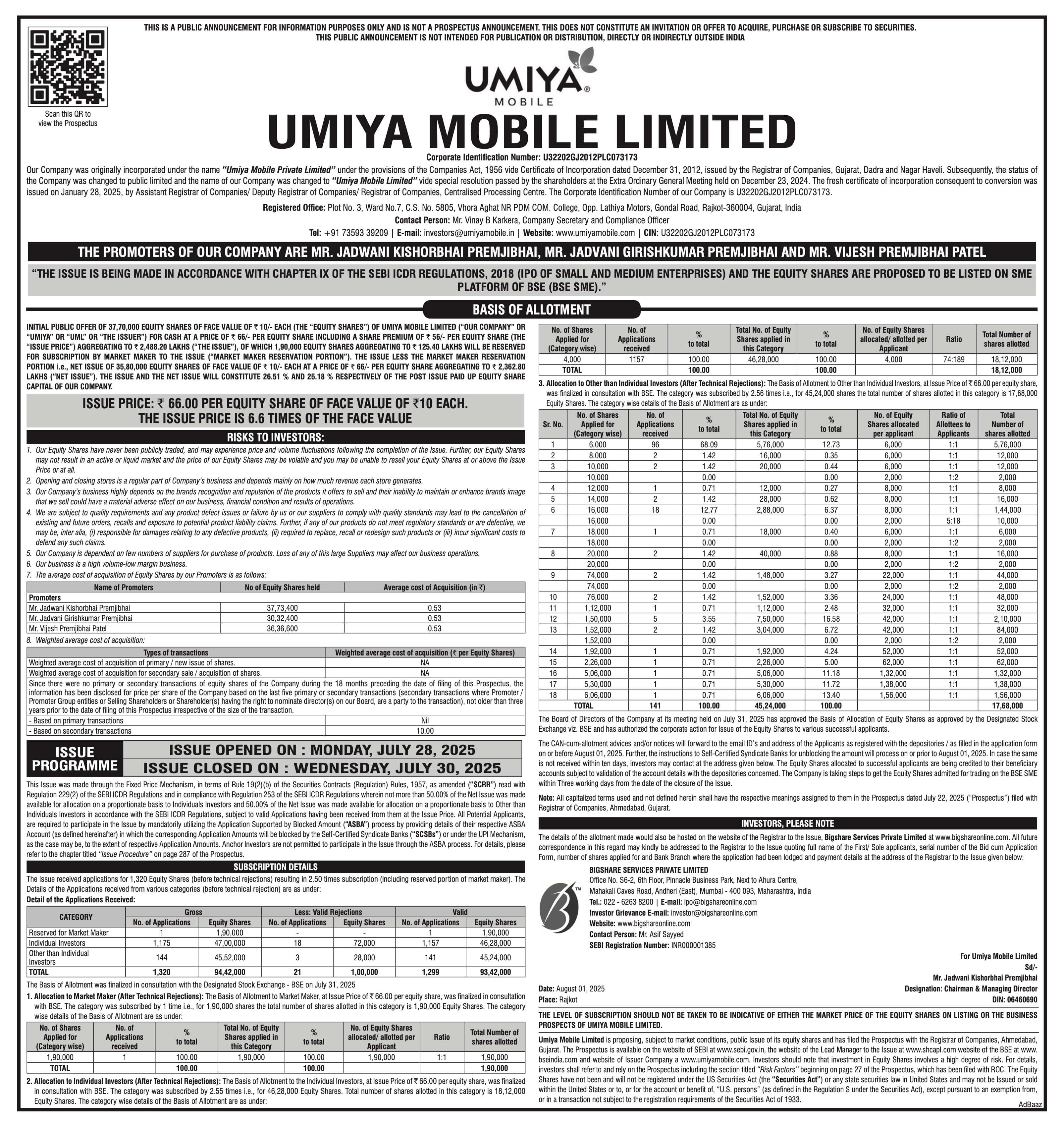 Umiya Mobile Limited Basic Of Allotment