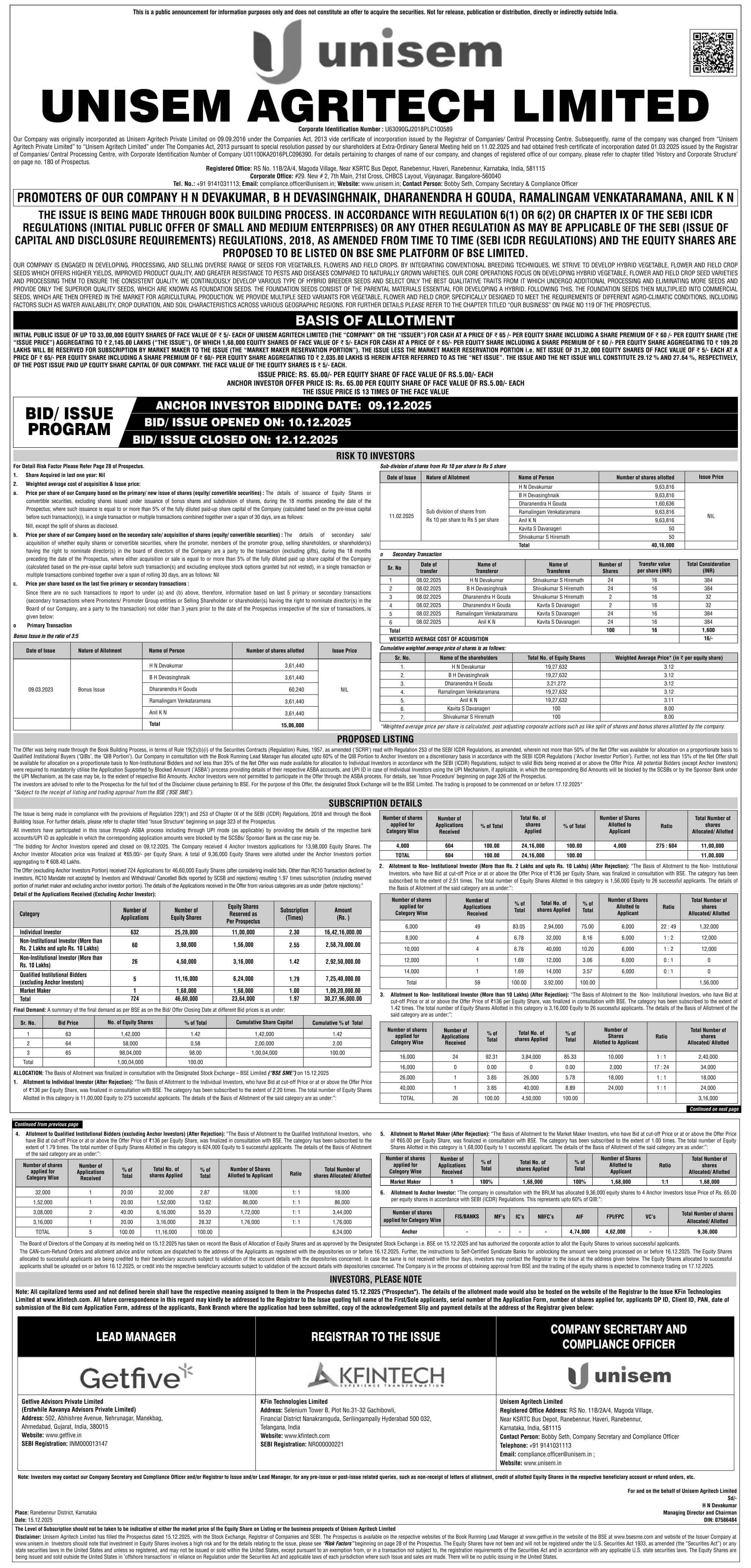 Unisem Agritech Limited Basic Of Allotment