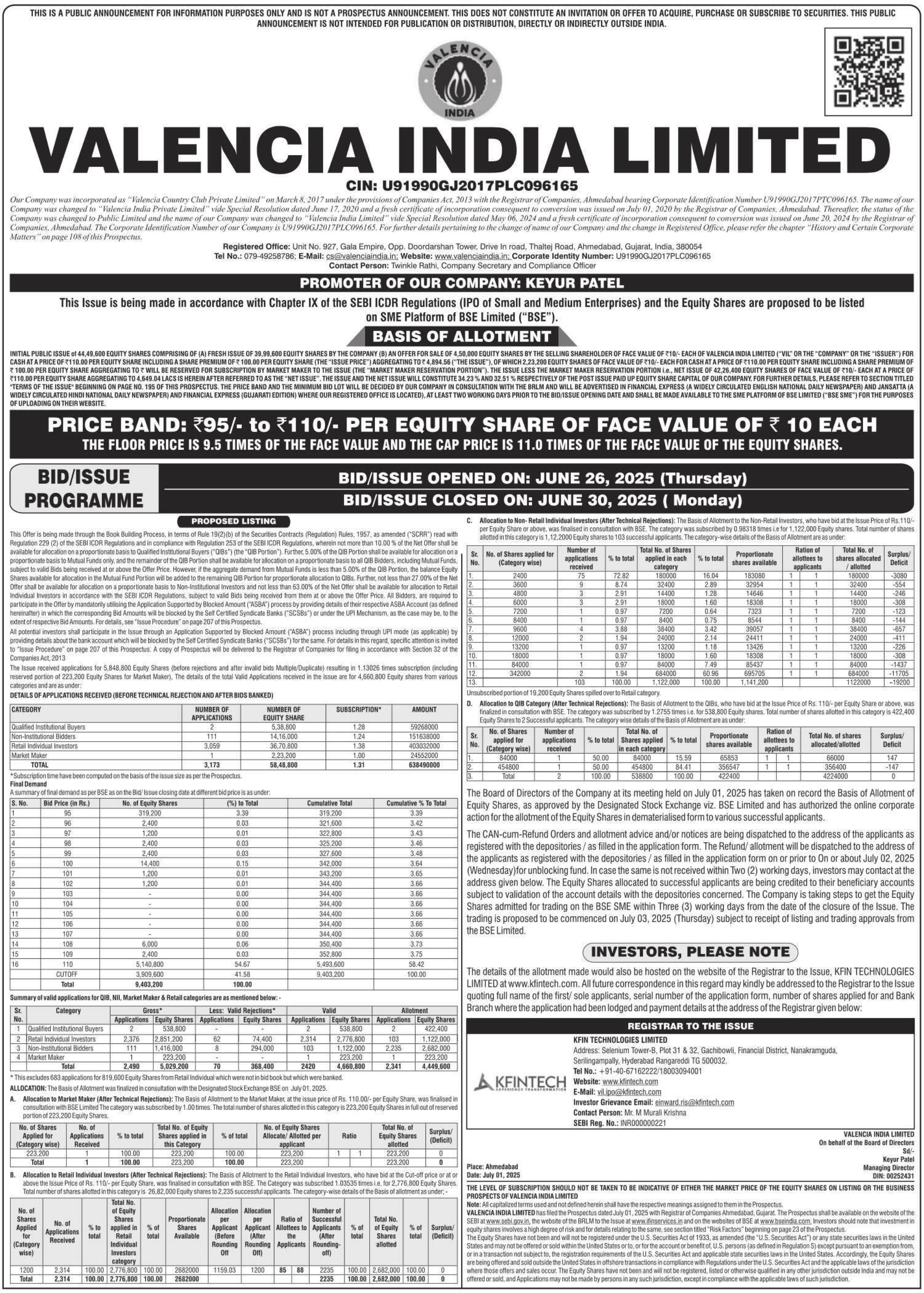 Valencia India Limited Basic Of Allotment