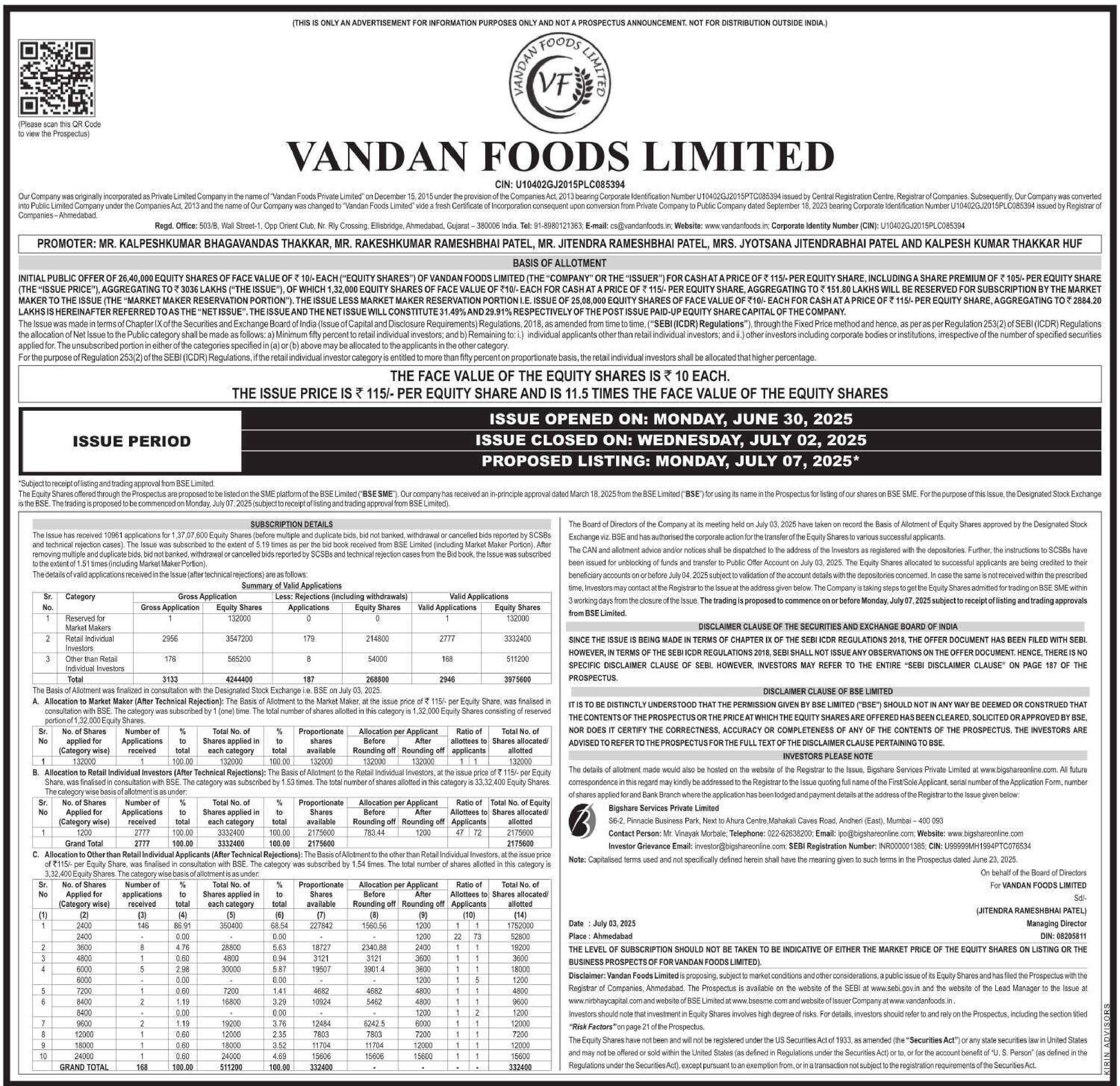 Vandan Foods Limited Basic Of Allotment