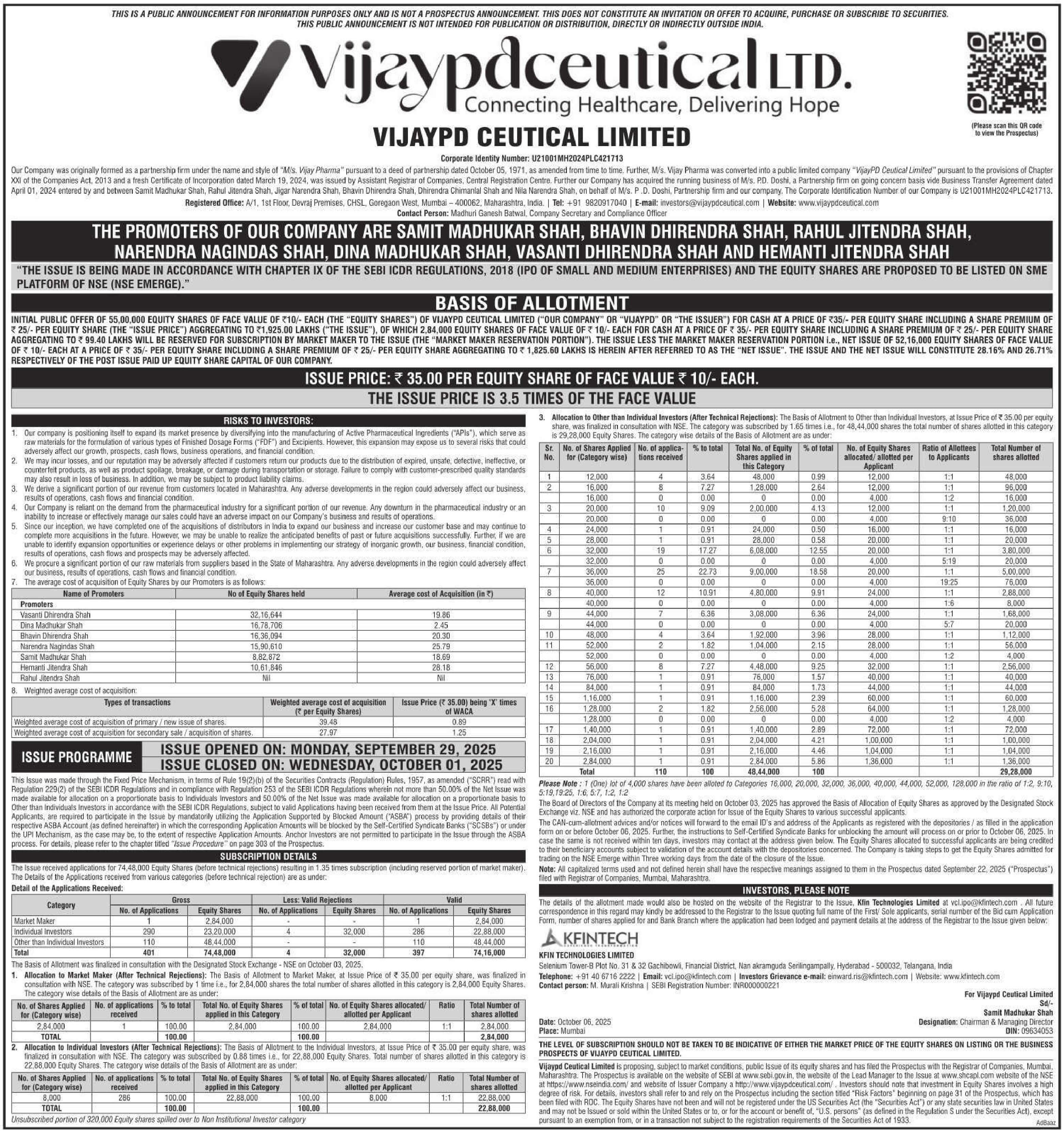 Vijaypd Ceutical Limited Basic Of Allotment