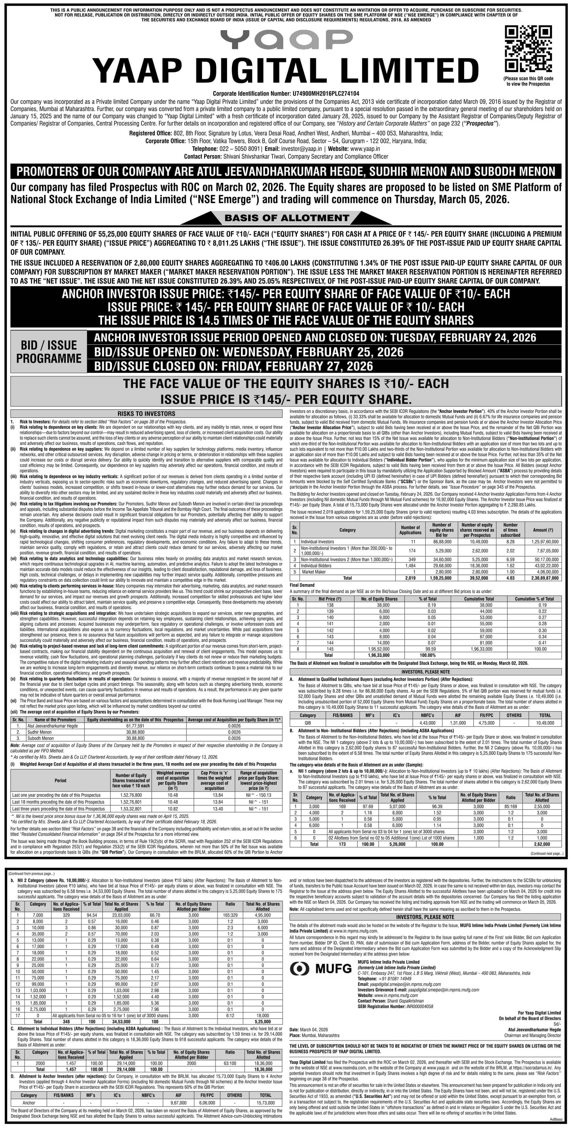 Yaap Digital Limited Basic Of Allotment